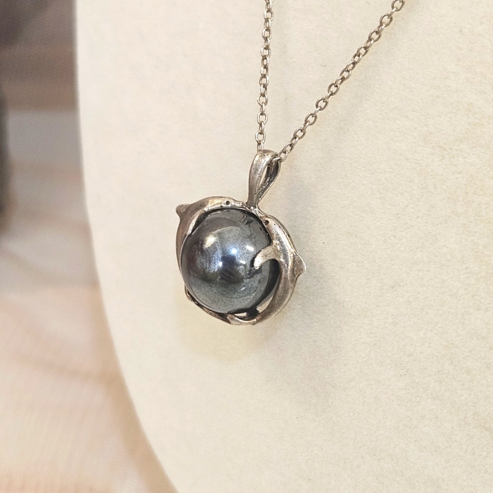 Sterling Silver Vintage Dolphins Holding Hematite Orb 925 Pendant Only